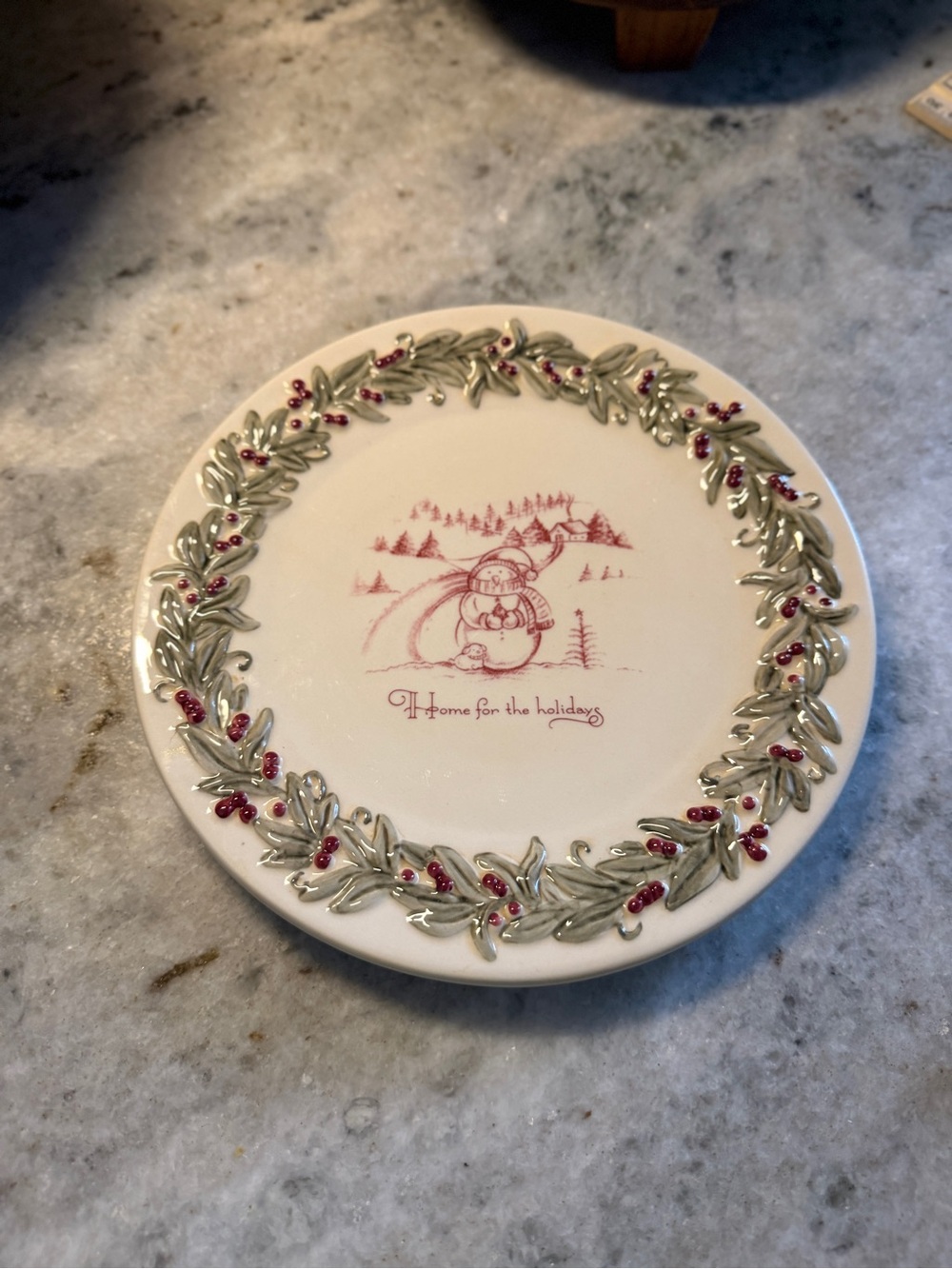 Home For The Holidays Snowman And Holly Plate 7.5" With Stand Christmas Decor